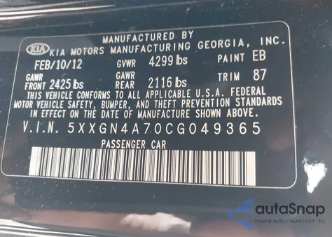 2012 Kia Optima Ex z USA, uszkodzony, nr VIN 5XXGN4A70CG049365